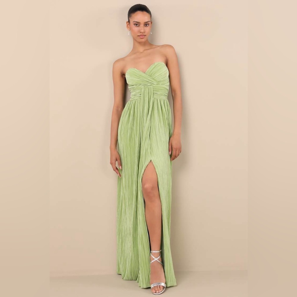 Lulus Oswin Lime Green Satin Plisse Strapless Maxi Dress